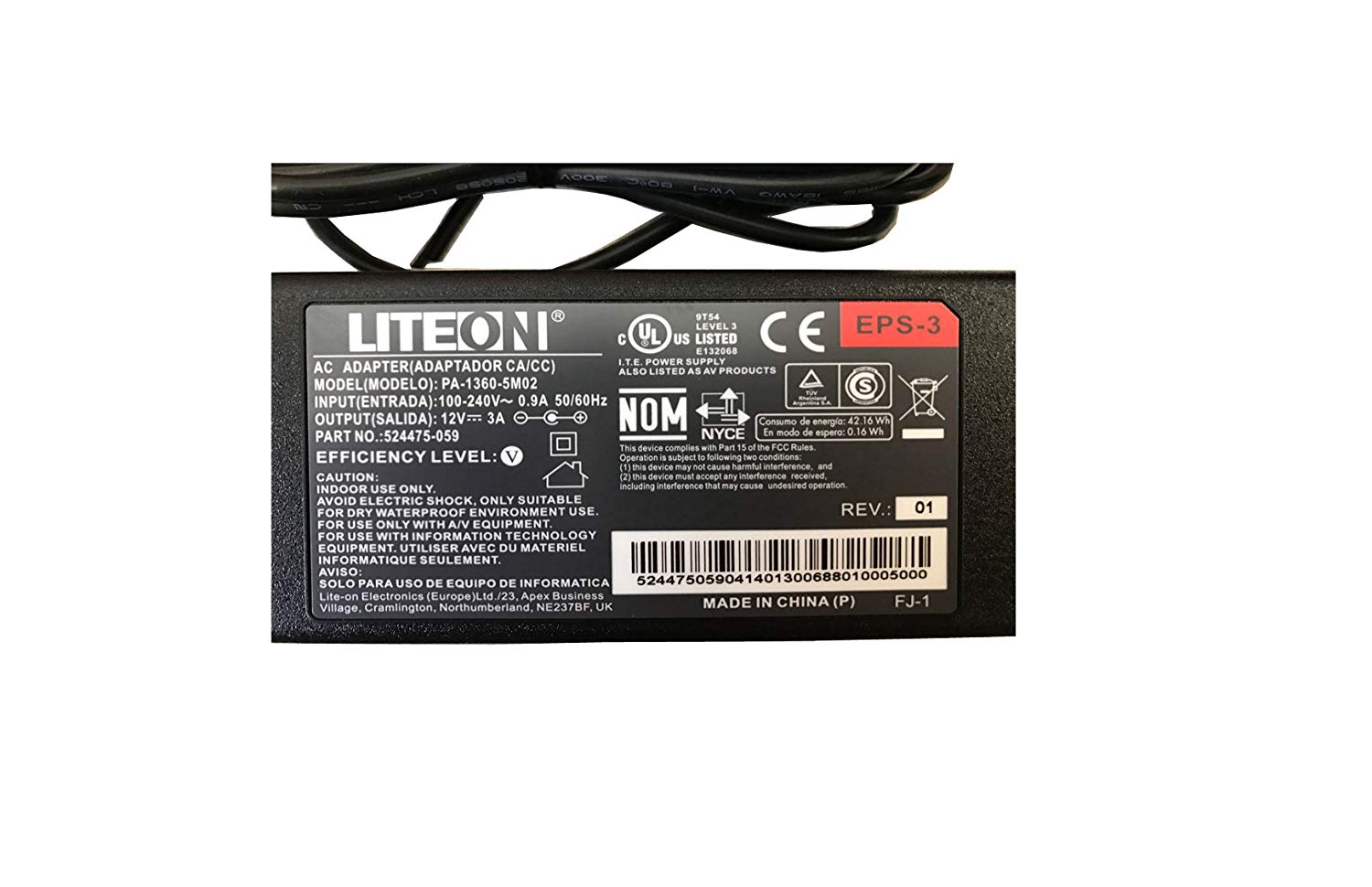 Genuine LITEON 12V 3A PA-1360-5M02 524475-059 AC DC Adapter